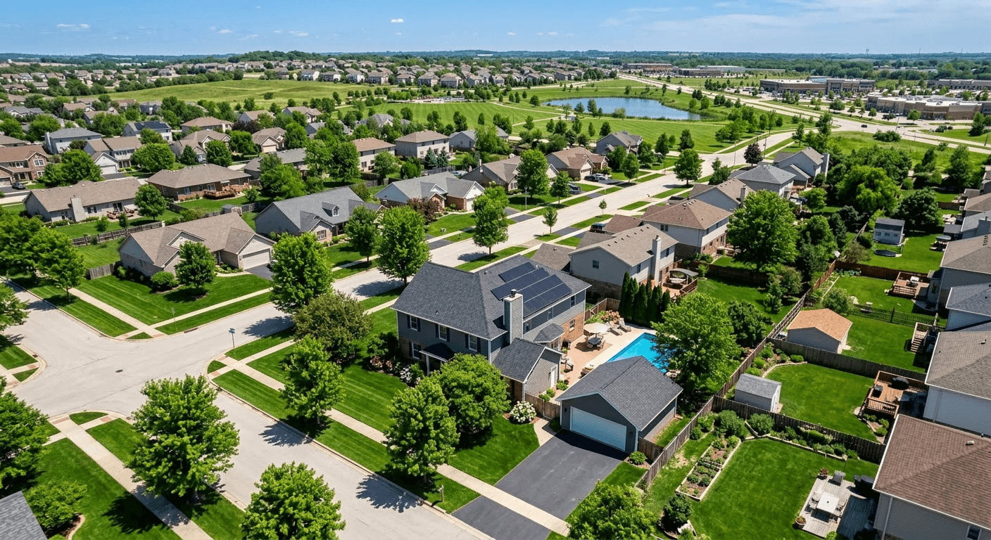 AI enhanced aerial drone property photo featuring vibrant colors, lush green landscaping, and polished presentation