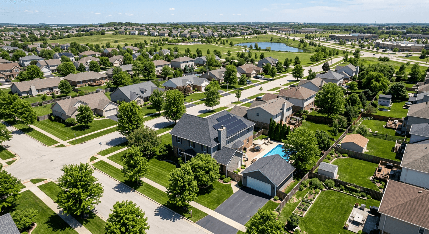 Raw, unedited aerial drone photo of a property with dull colors and dry landscaping