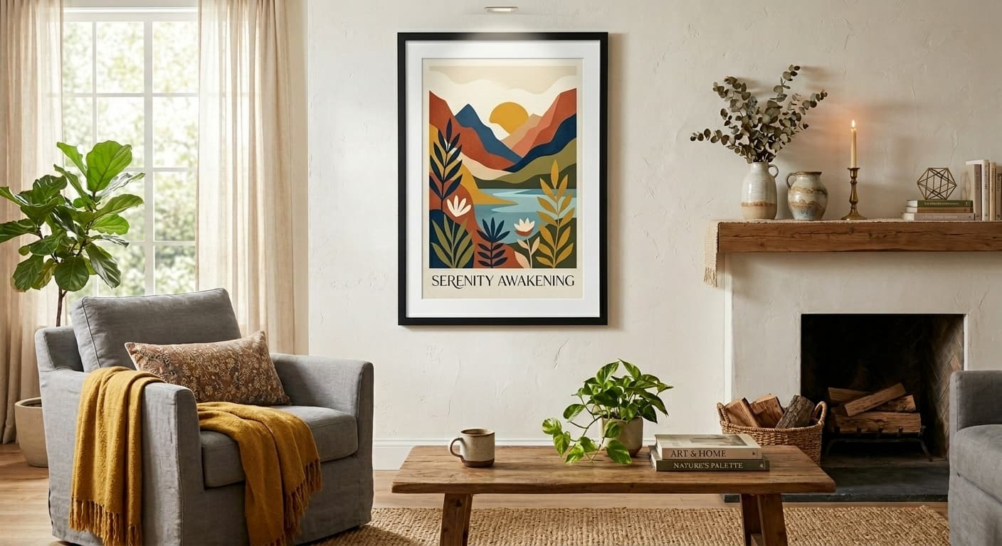 A beautiful, AI-generated living room showcasing the art print perfectly scaled on a white wall with natural lighting