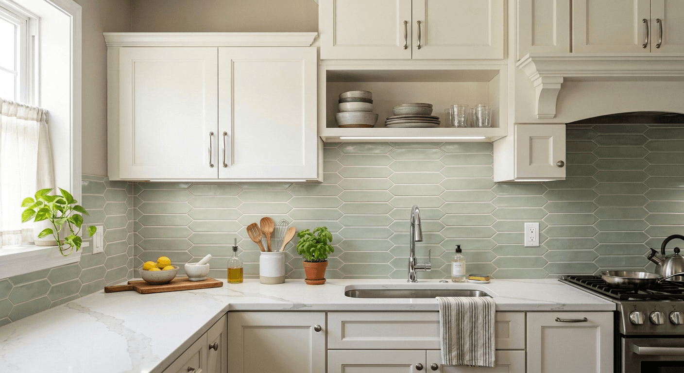 Transformed kitchen featuring a beautiful new tile backsplash generated by Nano Banana Image AI