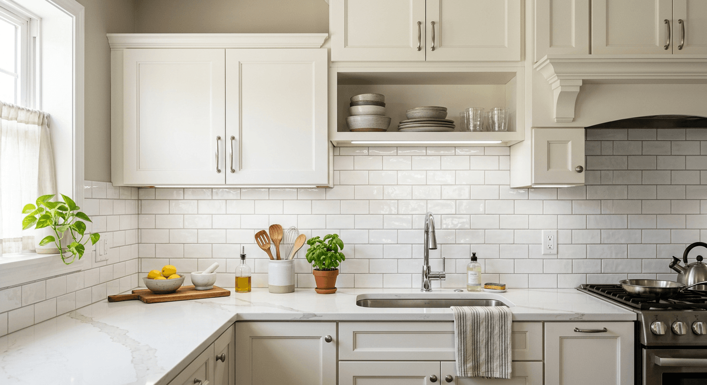 Original kitchen with bare walls before AI backsplash visualization