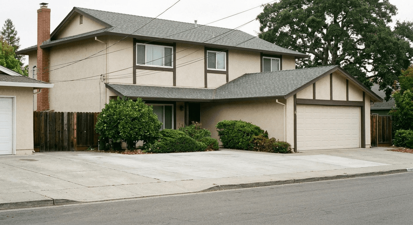 Clean, unobstructed real estate property photo after Nano Banana AI removed the parked car, perfectly reconstructing the driveway and background.