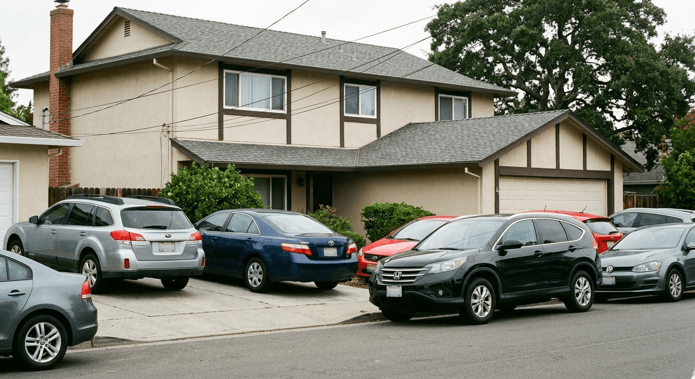 Real estate property photo before AI editing, showing a parked car obstructing the driveway and masking the house exterior.