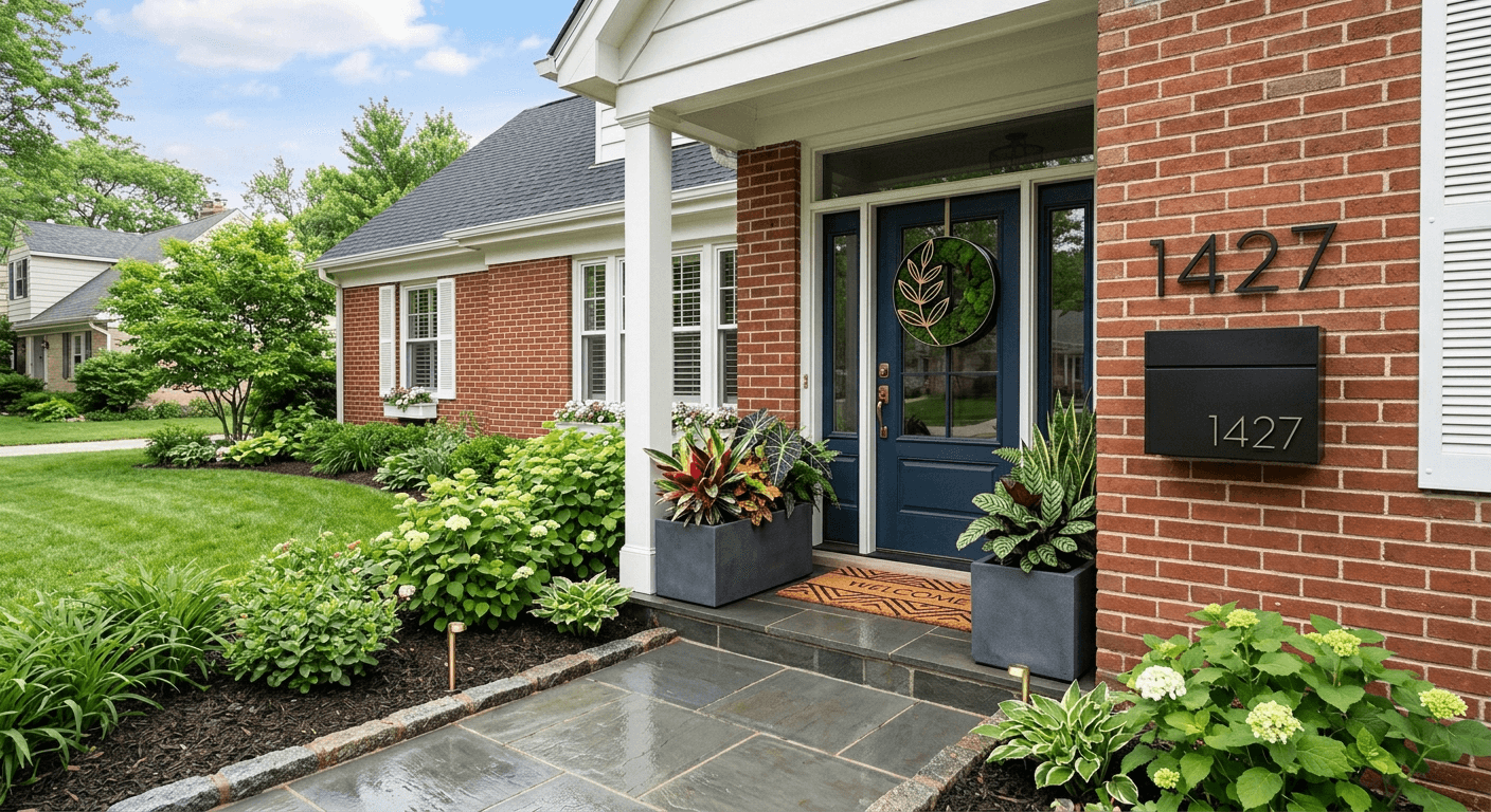 A beautifully upgraded front entrance visualized by Nano Banana Image AI, featuring modern planters, a sleek mailbox, and new house numbers