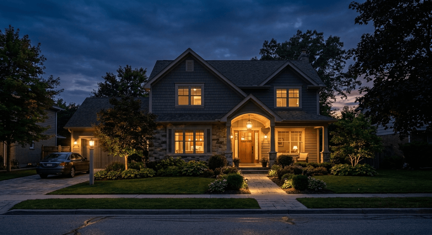 House exterior after AI generated landscape lighting design featuring sconces and path lights