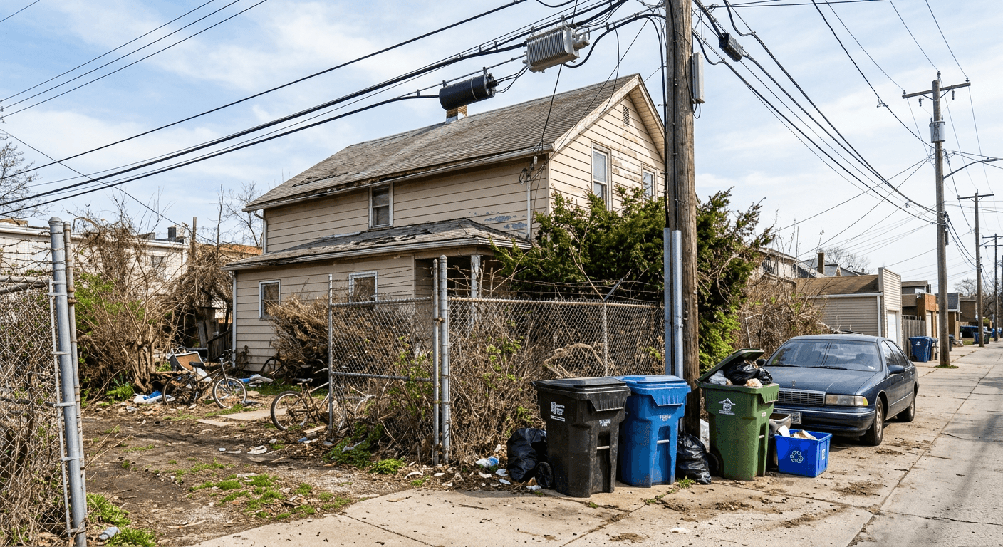 Real estate property photo before AI editing, showing an unsightly fence and visual obstructions blocking the house