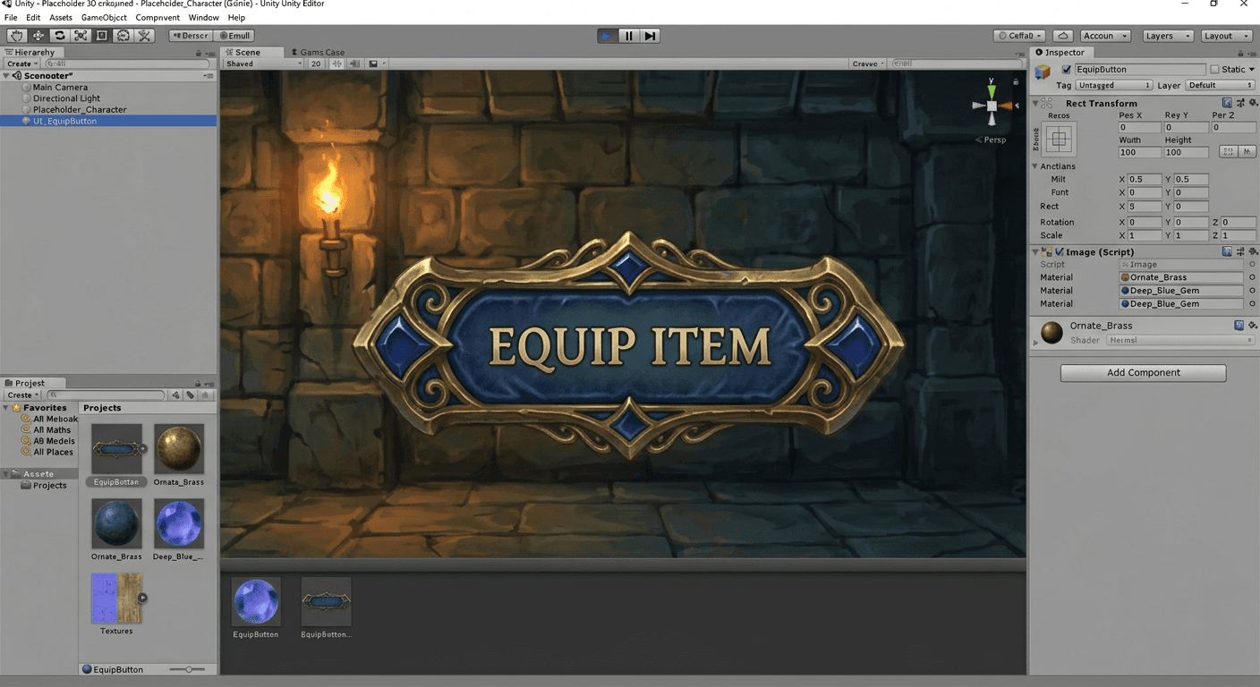 A stunning, game-ready hand-painted UI button generated by Nano-Banana Image AI, featuring rich wooden textures and a glowing crystal core.