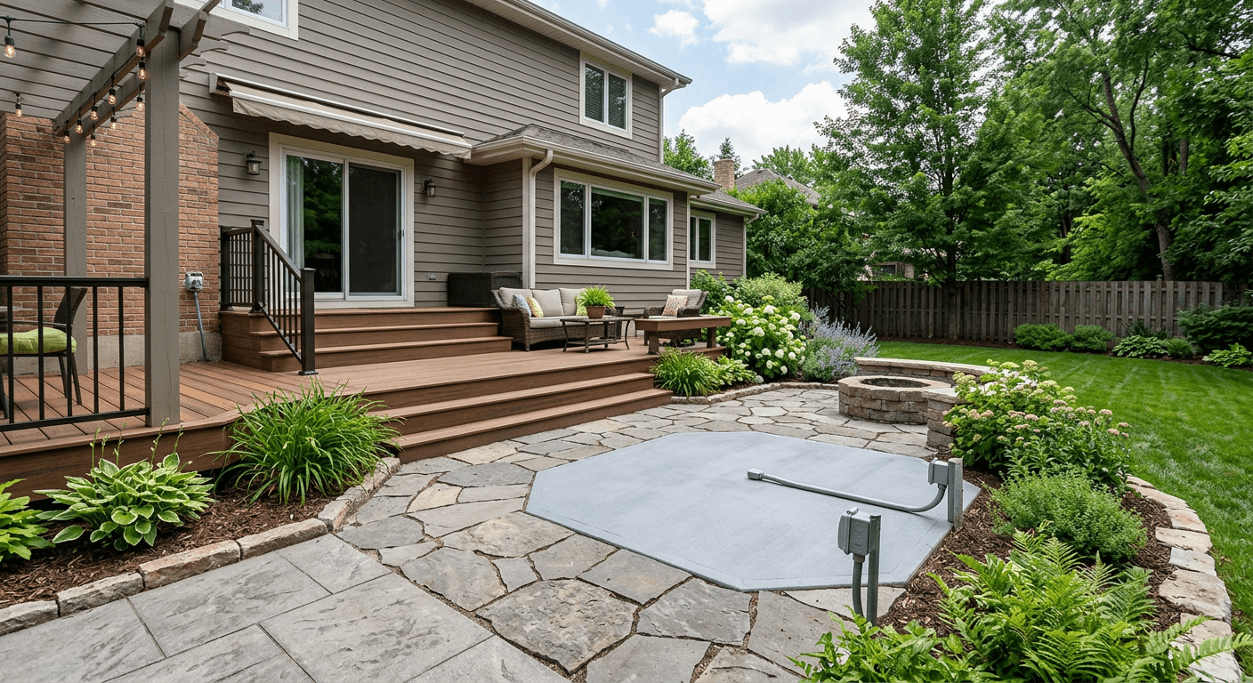 Empty outdoor patio before an AI hot tub addition