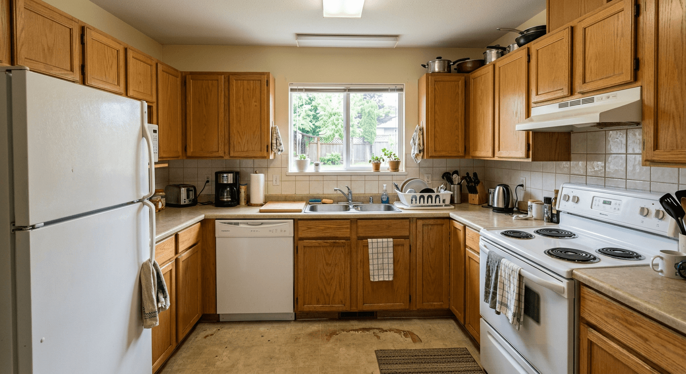 Outdated kitchen before renovation requiring AI visualization