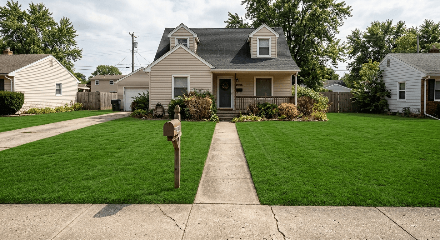Enhanced property photo showing a lush, vibrant green lawn created by AI