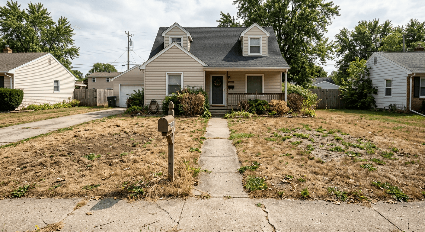 Property photo showing a brown, patchy, unappealing front lawn needing enhancement