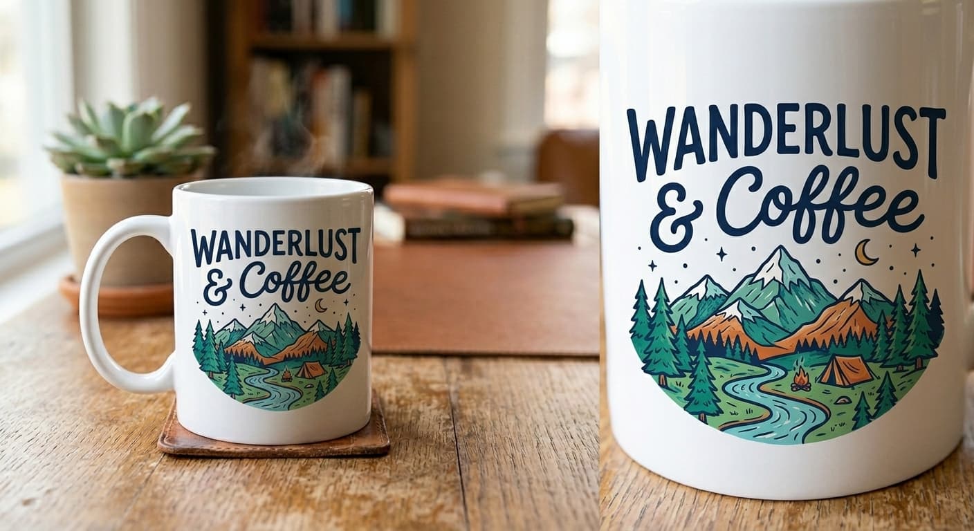 Photorealistic AI generated mug mockup displaying the design in a lifestyle setting