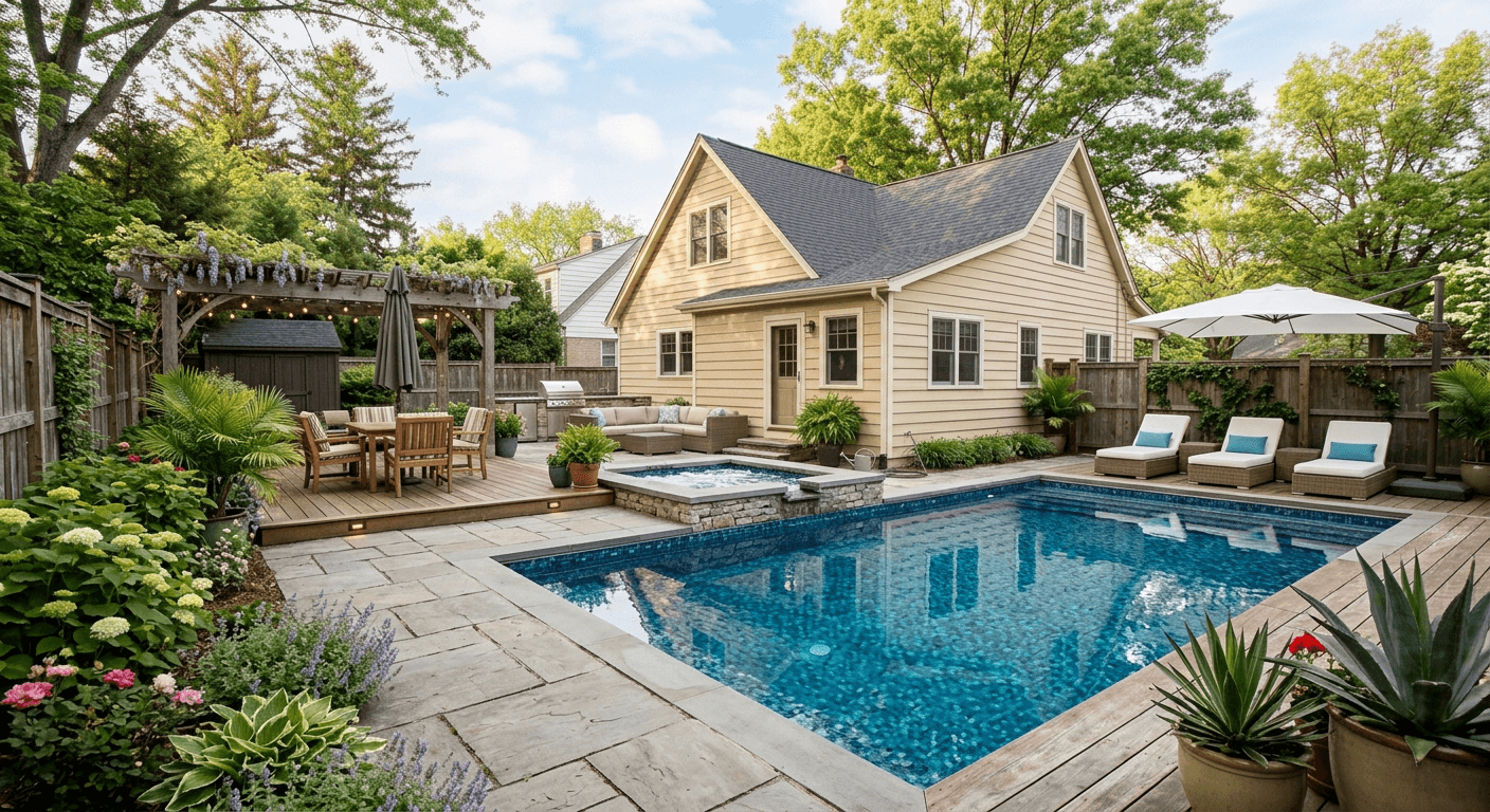 AI generated luxury pool addition in backyard with landscaping and patio