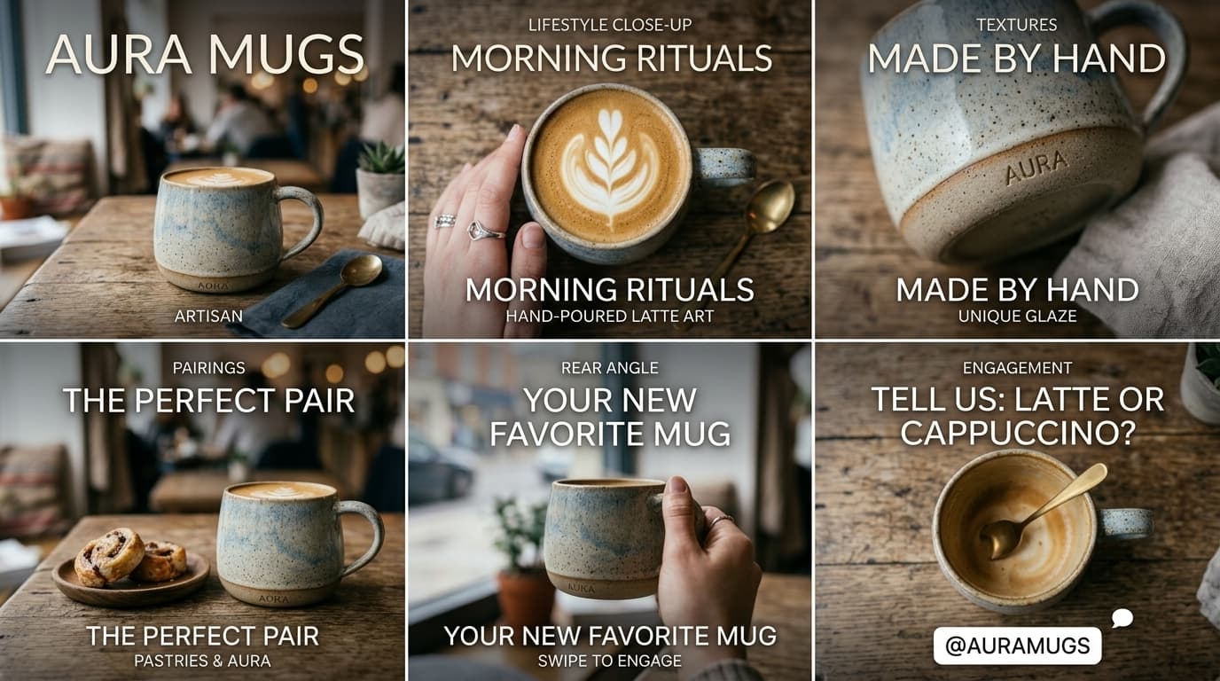 Cohesive Instagram carousel product images created by Nano-Banana Image AI, featuring perfectly consistent lighting, seamless backgrounds, and unified brand style across all slides.