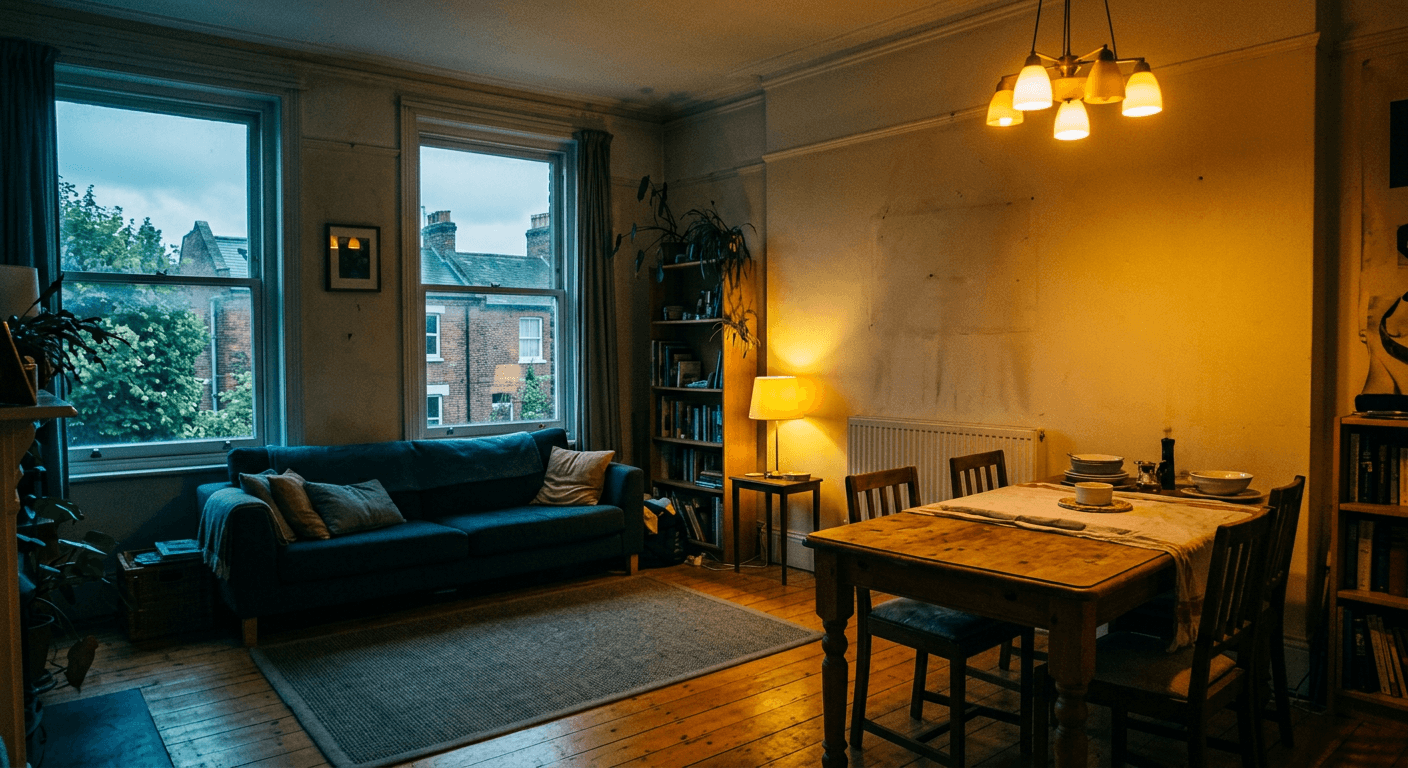 Real estate photo showing aggressive yellow and blue color casts before AI color correction by Nano Banana Image AI