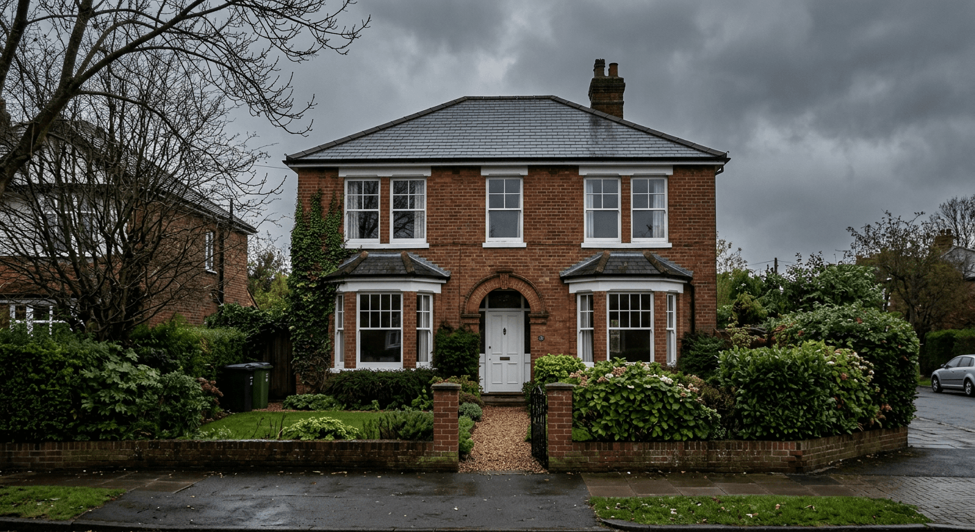 Real estate property with a dull, overcast gray sky before AI enhancement