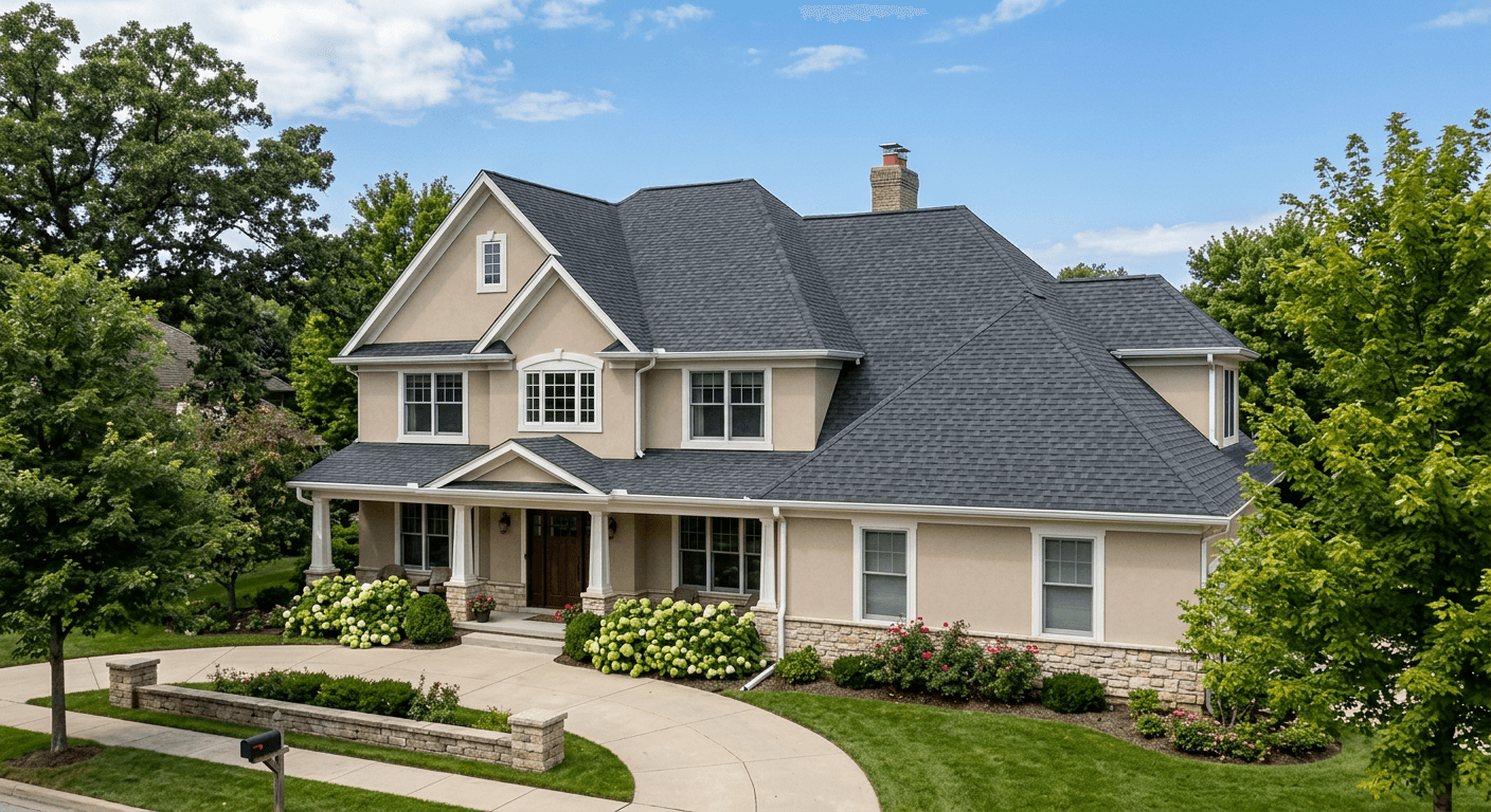 House with old, worn out asphalt shingle roof before AI visualization