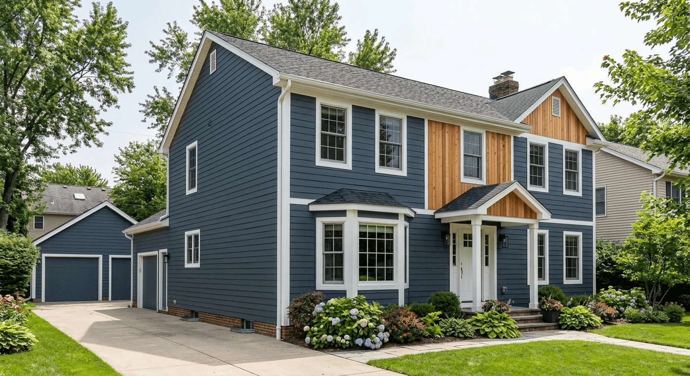 Transformed home exterior with modern siding and stone accents using AI