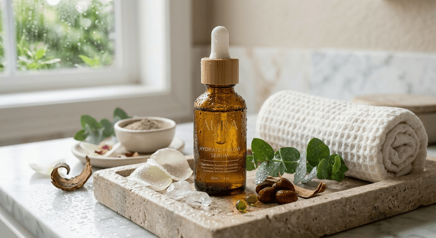 Nano Banana Image AI generated skincare product photo featuring dewy textures, natural ingredients, soft lighting, and supreme wellness appeal