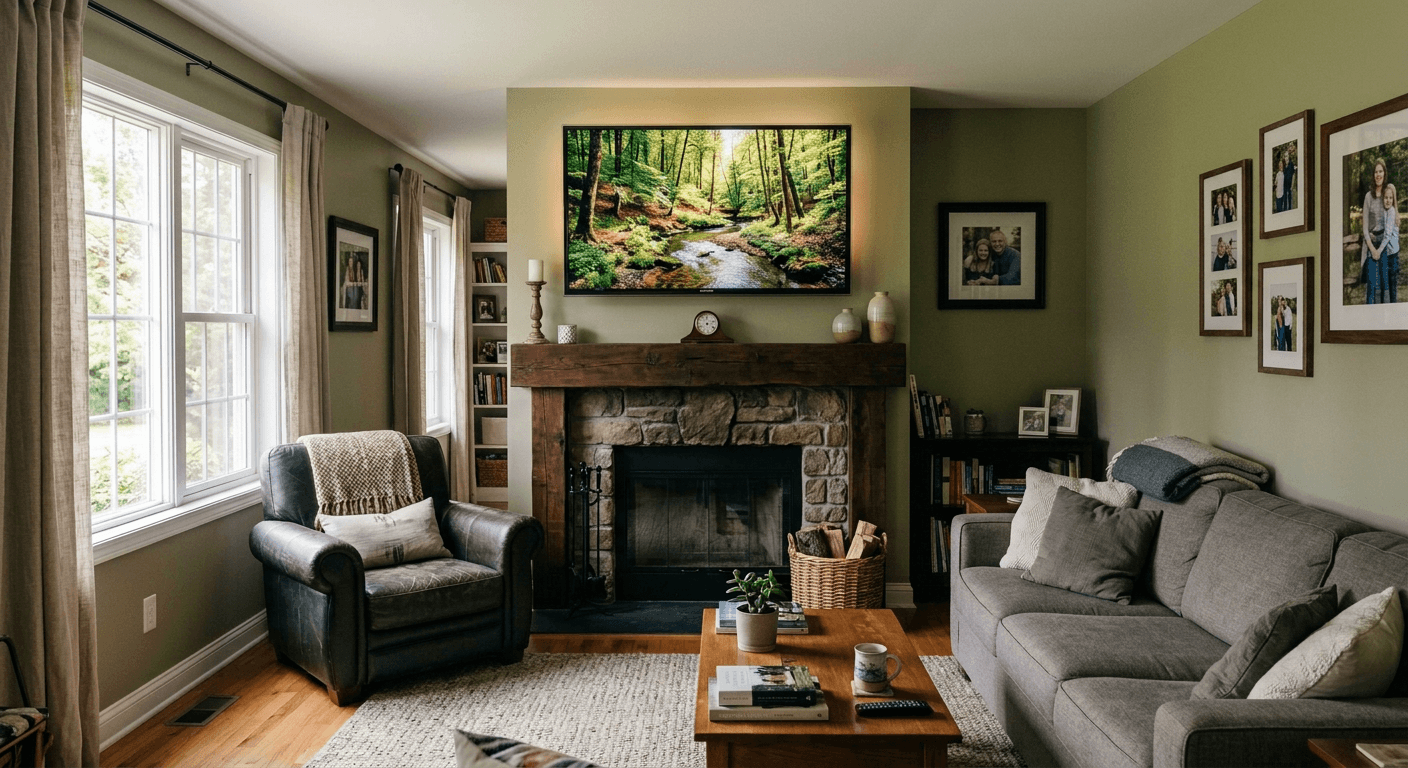 Real estate listing photo showing a beautiful lifestyle image perfectly integrated into the TV screen using Nano Banana AI