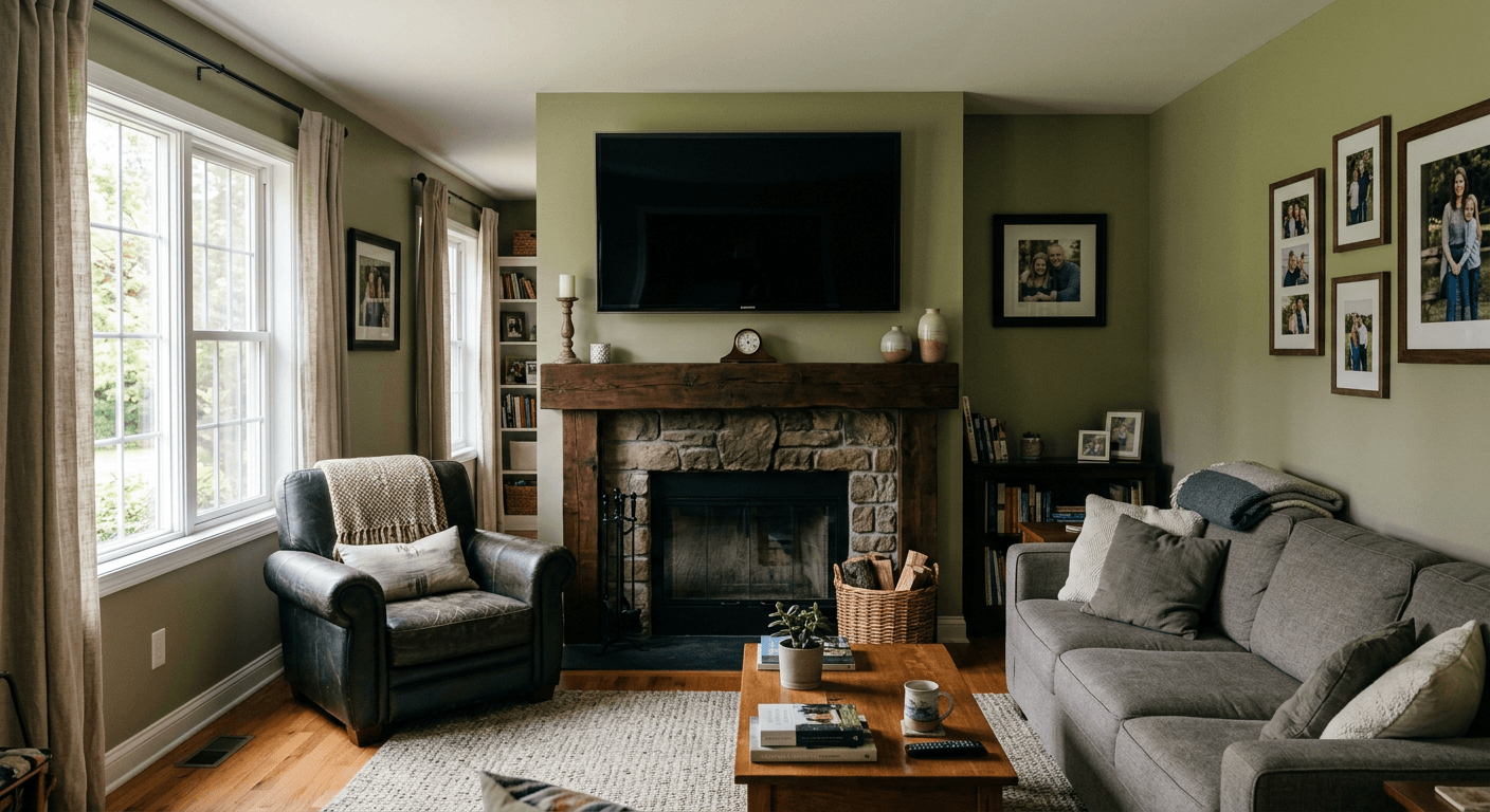 Real estate listing photo showing a distracting blank black TV screen before AI editing