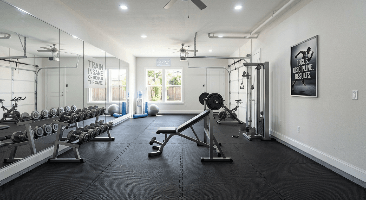 Beautifully AI staged home gym featuring exercise equipment, mirrors, and fitness-ready design