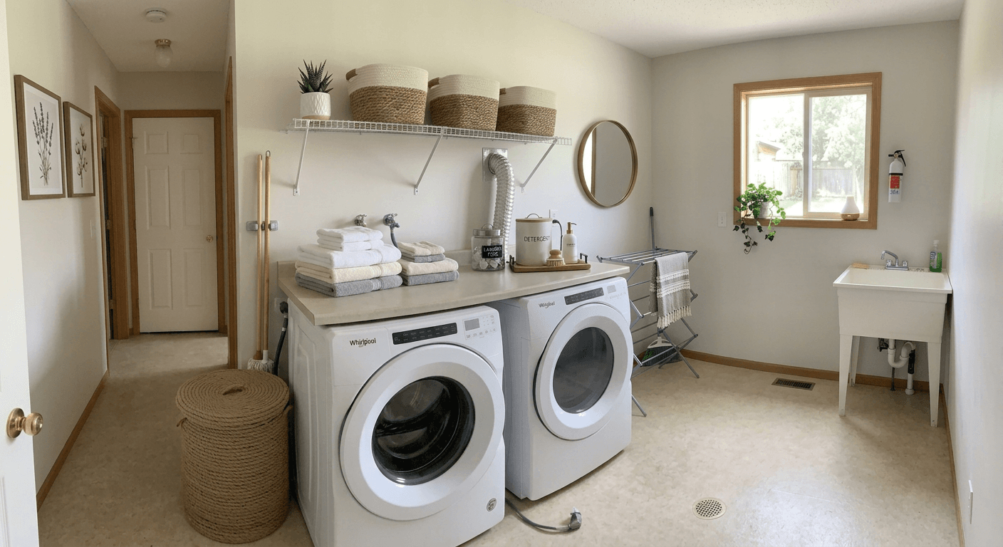 Beautifully AI staged laundry room featuring organized baskets, modern cabinetry, and decorative touches