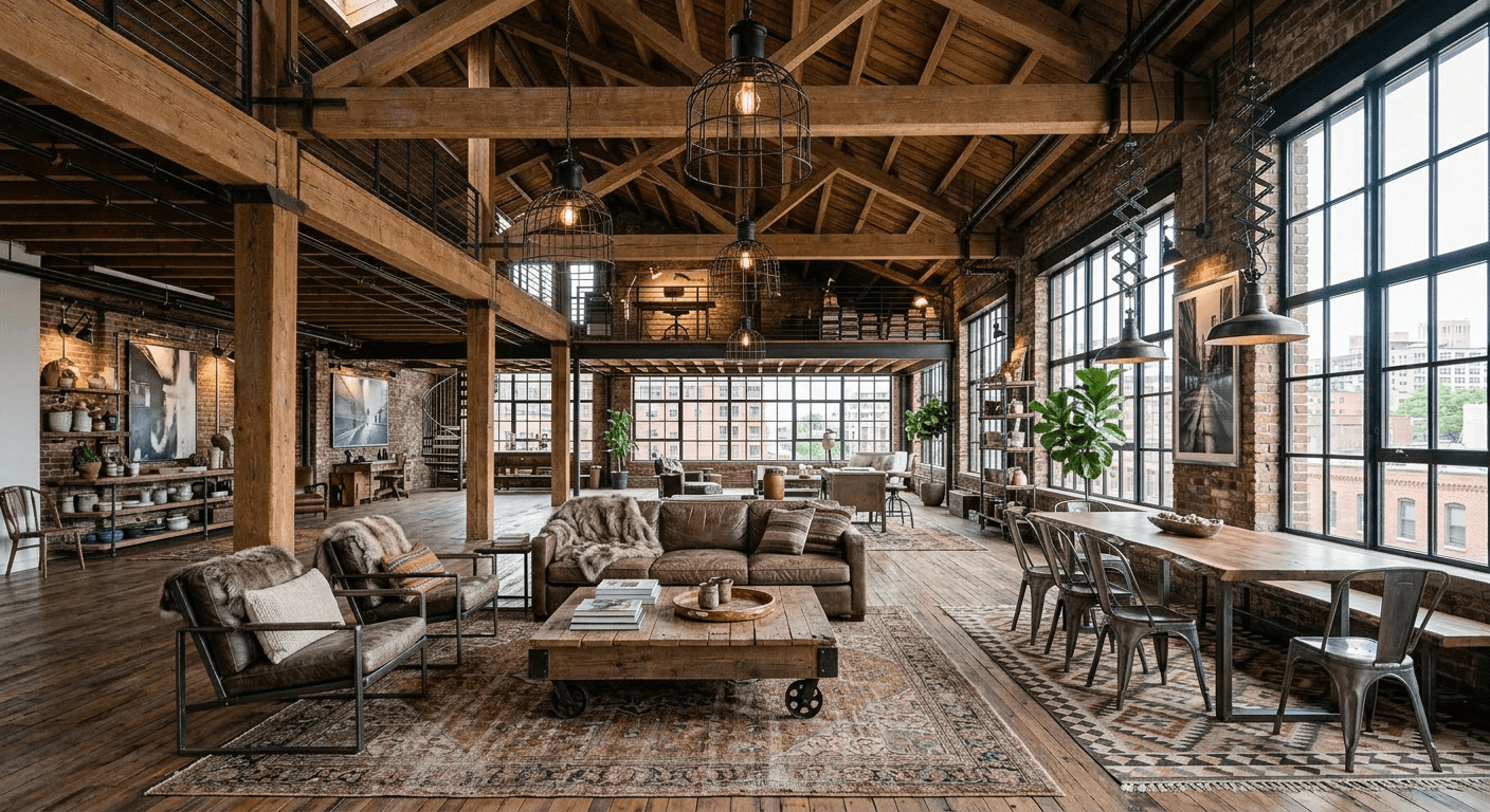 AI virtually staged industrial loft featuring a modern sectional, warm lighting, and stylish urban decor emphasizing high ceilings