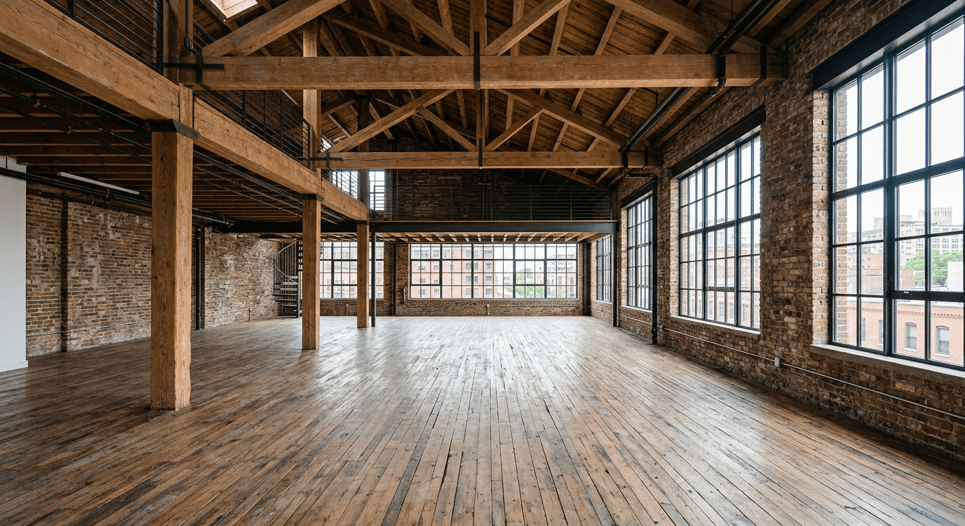 Empty industrial loft space before AI virtual staging, showing high ceilings, exposed brick, and bare floors