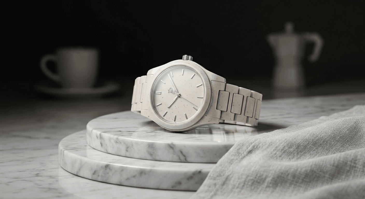 After: Hyper-realistic AI generated luxury watch on a premium marble podium by Nano Banana Image AI