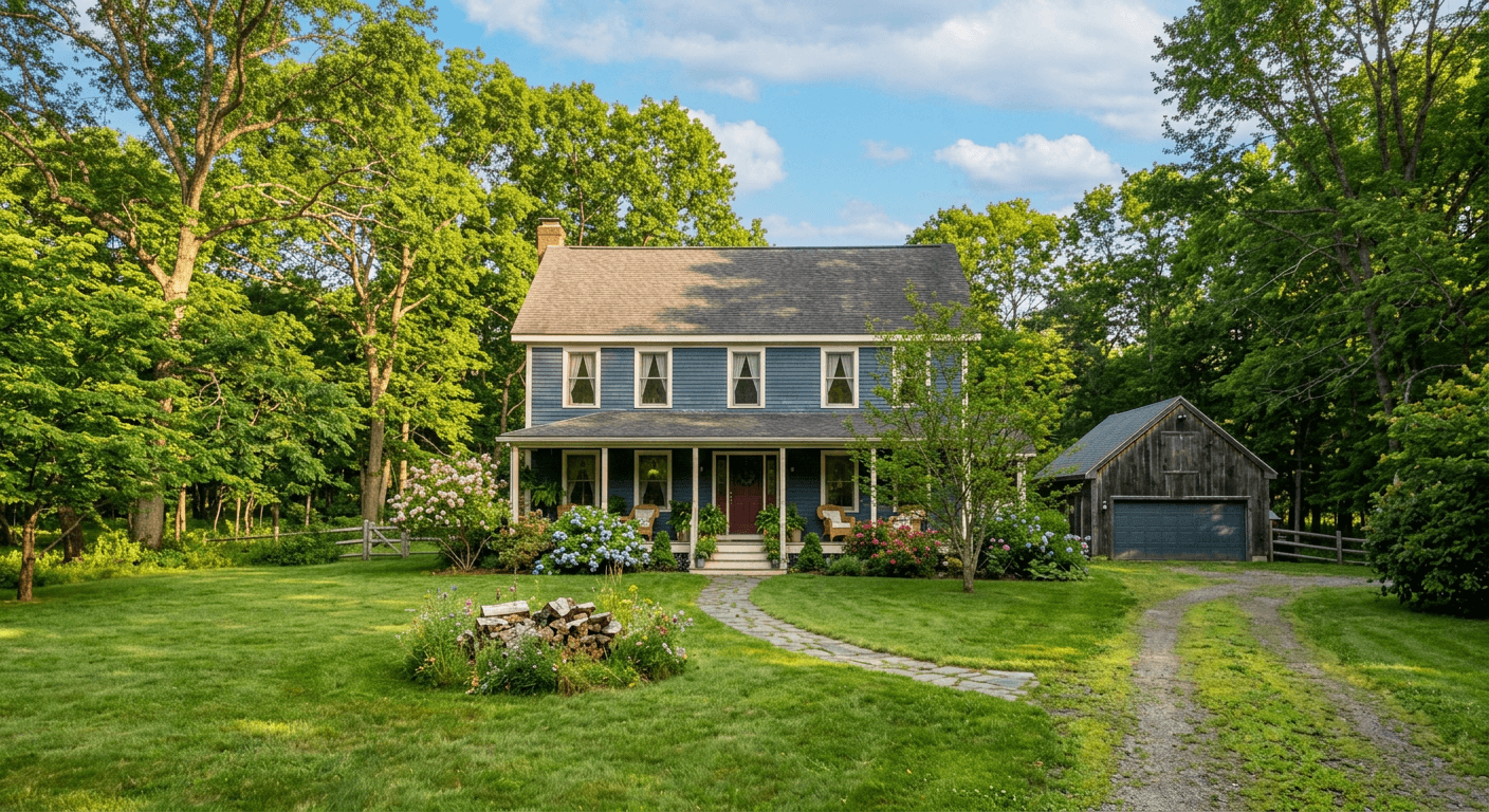 The same property transformed by AI into a vibrant summer scene with green foliage, blue skies, and warm lighting