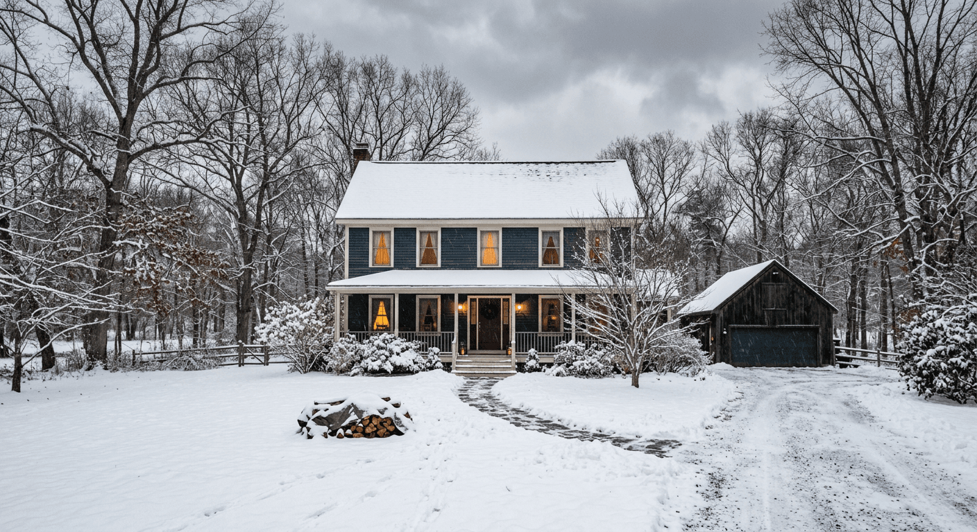 A dreary winter property photo with snow, barren trees, and gray skies